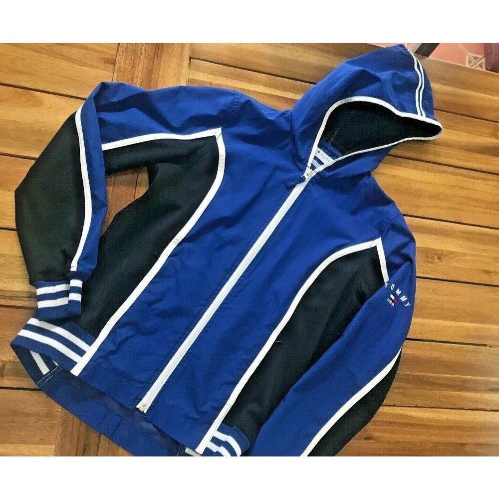 Tommy Hilfiger Navy White Women's  Rain Wind Jacket Hooded Small S Retro